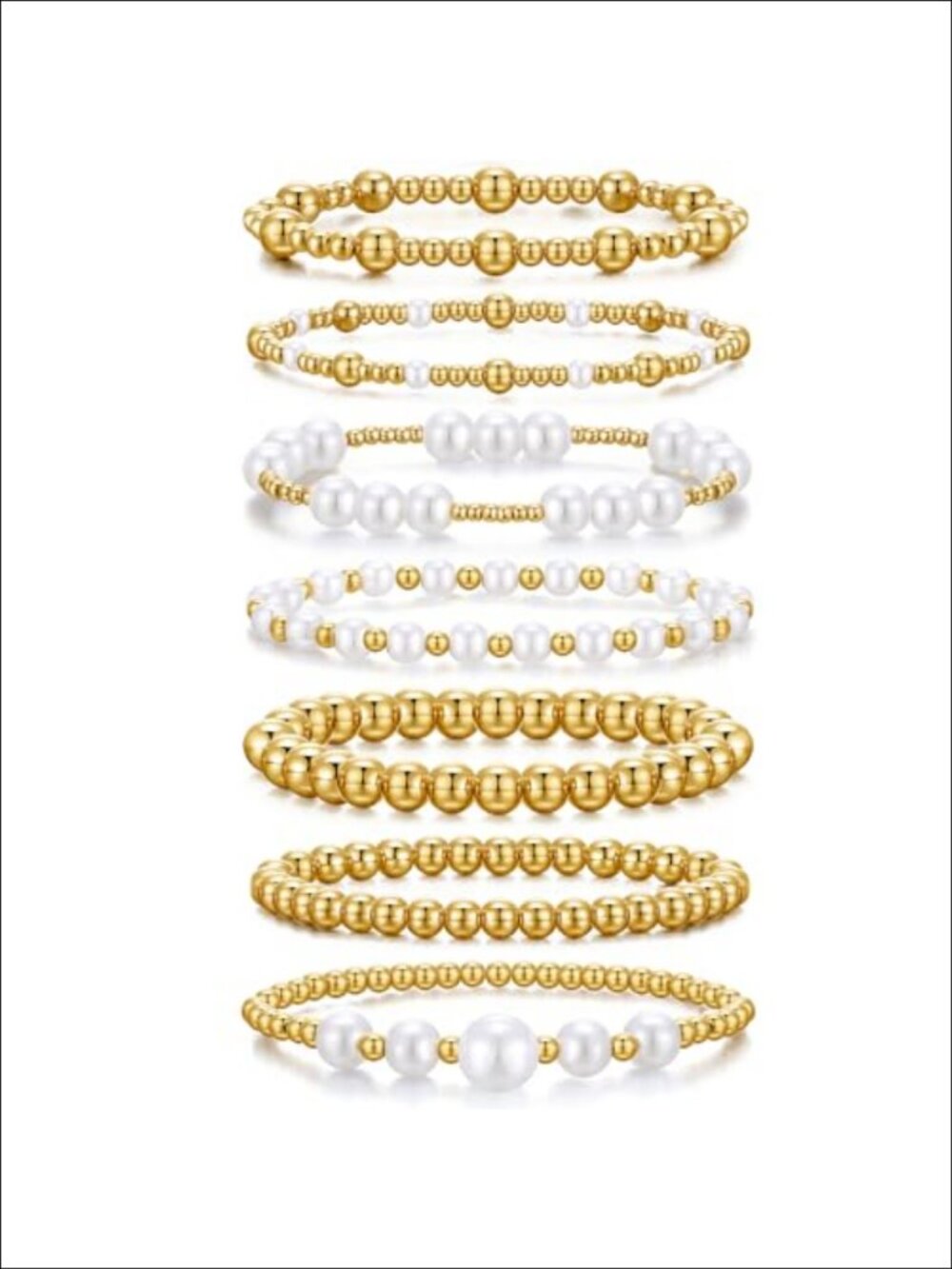 7-Piece Gold Bead & Pearl Stretch Bracelet Set Stackable